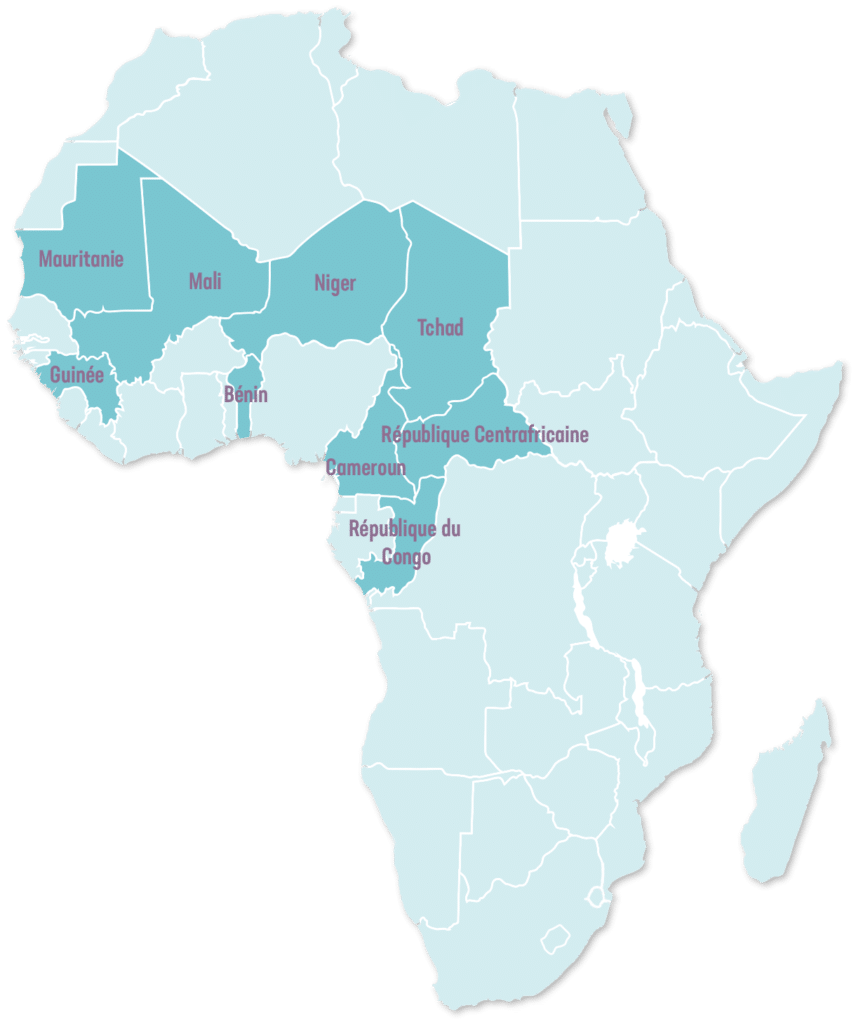 Carte des pays en Afrique francophone. La carte montre les pays d'intervention de l'OPC. L’Organisation pour la Prévention de la Cécité (OPC) intervient en Afrique Francophone